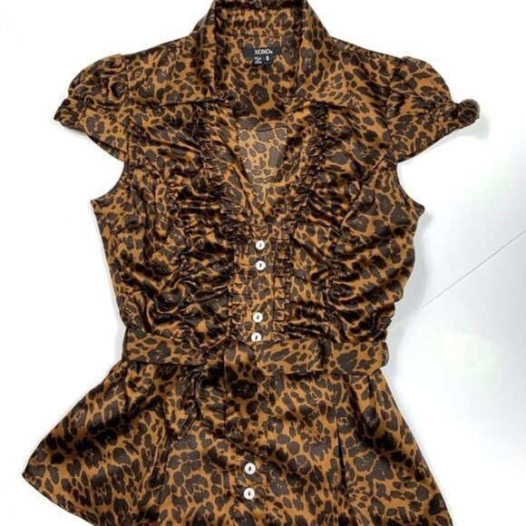 XOXO Leopard Print Fit & Flare Pleated Top Size Juniors Small Y2K Look - Picture 1 of 8